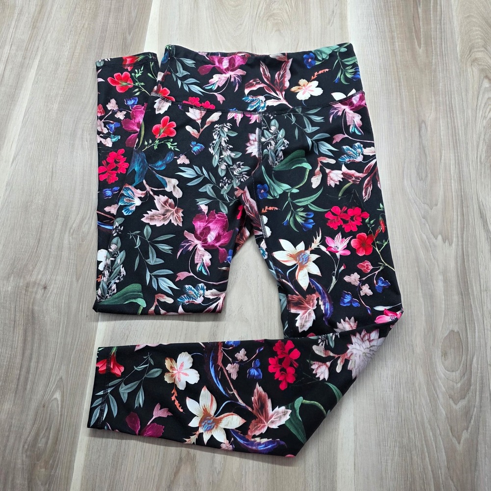 Old Navy Active Go-Dry Floral Leggings High Waist Yoga Pants Medium Black Pink M
